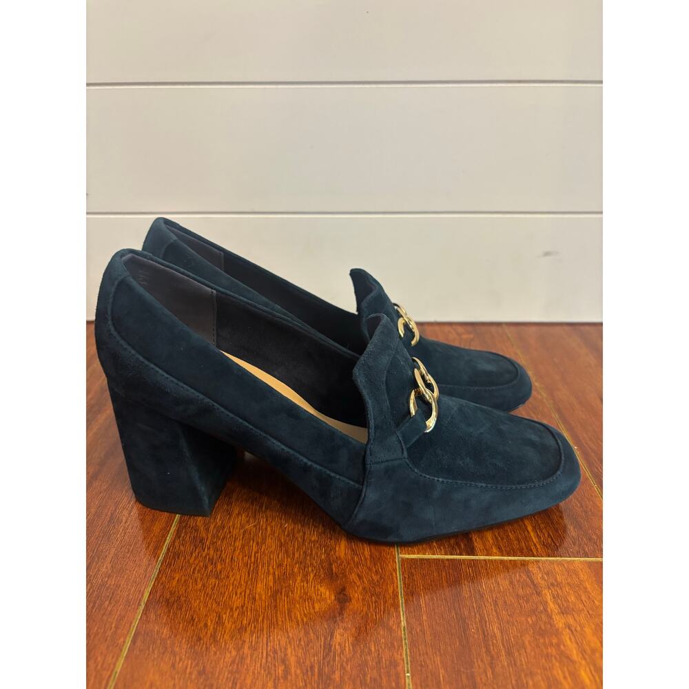 Bella Vita Tam Loafer Pumps Navy Leather Suede Square Toe Block Heel 11WW